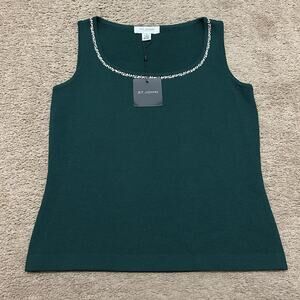 St John Evening Knit Sleeveless Top Embellished Collar Emerald Green Size P